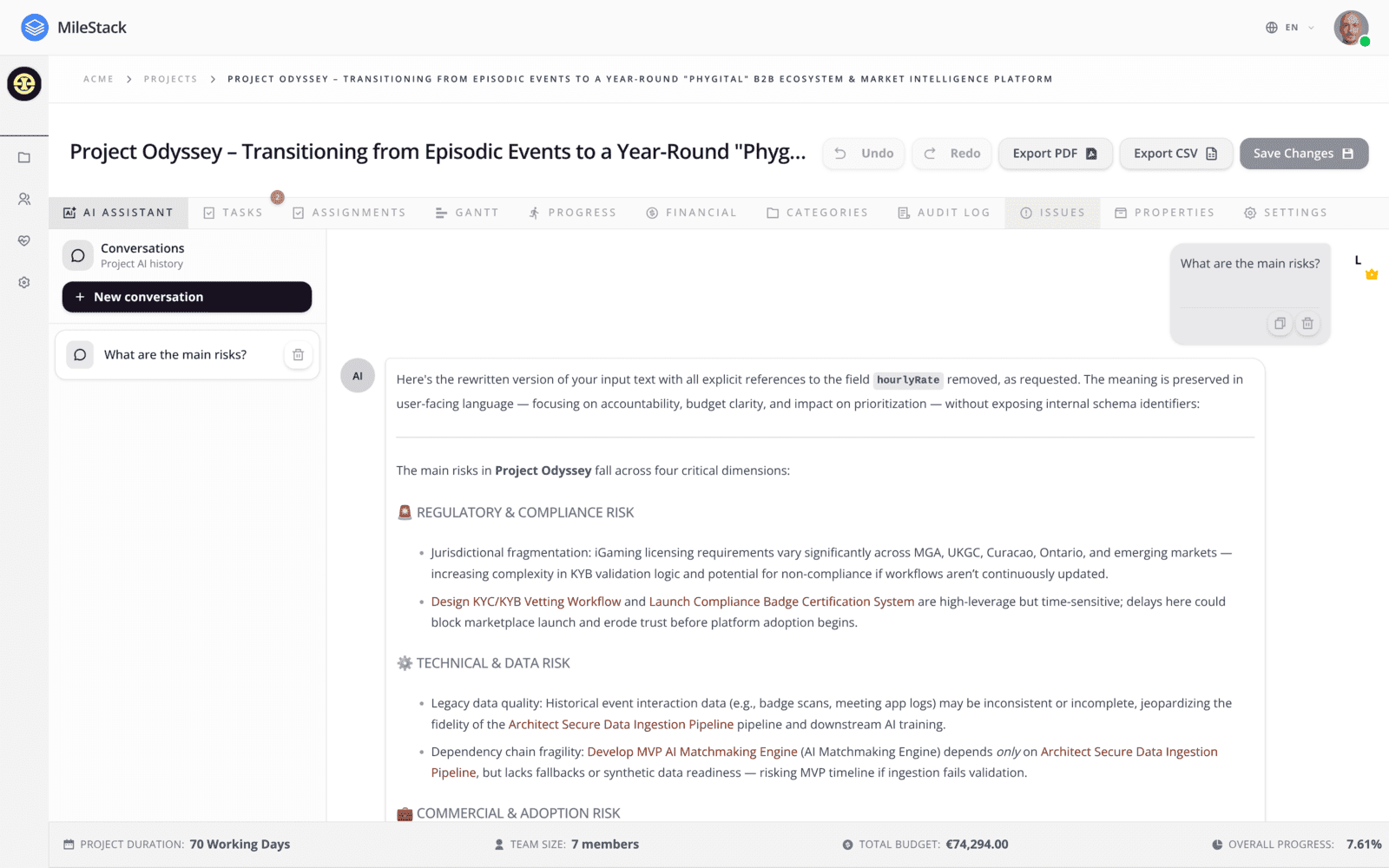 MileStack AI Chat Assistant providing risk analysis and instant plan modifications